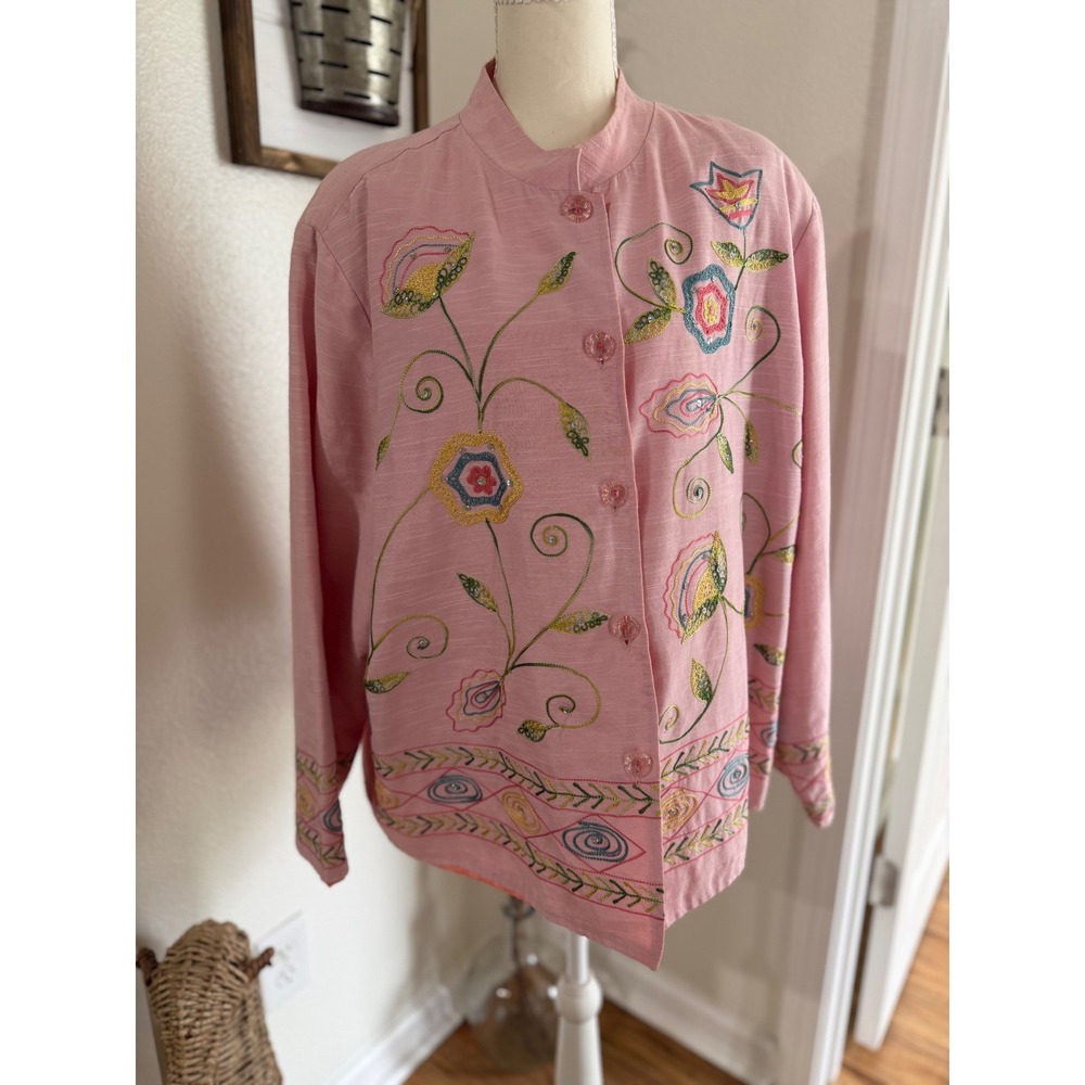 Alex Kim Pink Embroidered Floral Sequin Jacket Mandarin Collar Art to Wear L/XL